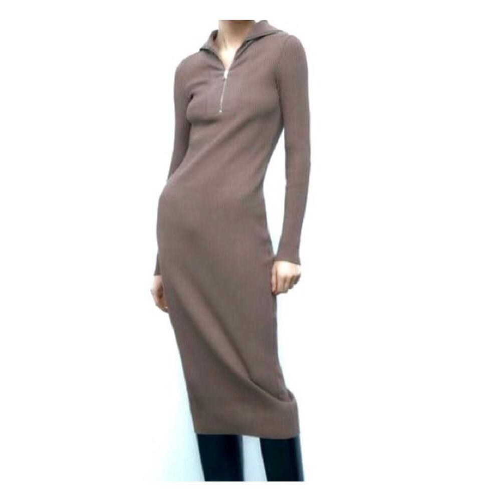 Zara Ribbed Knit Maxi Dress Brown Zip Collar 90s Minimalist CBK Style - Picture 5 of 9